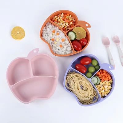 Plato de comedor de silicona antideslizante integrado anti gota plato de comedor de bebés en forma de manzana plato de succión de tazas de mesa para niños