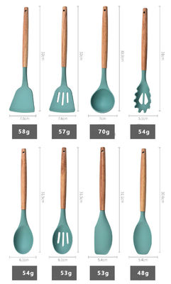 Conjunto de utensilios de silicona de 12 piezas con resistencia a altas temperaturas y mango de roble
